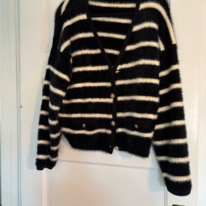 J. Crew Fuzzy Black and Cream Striped Cardigan